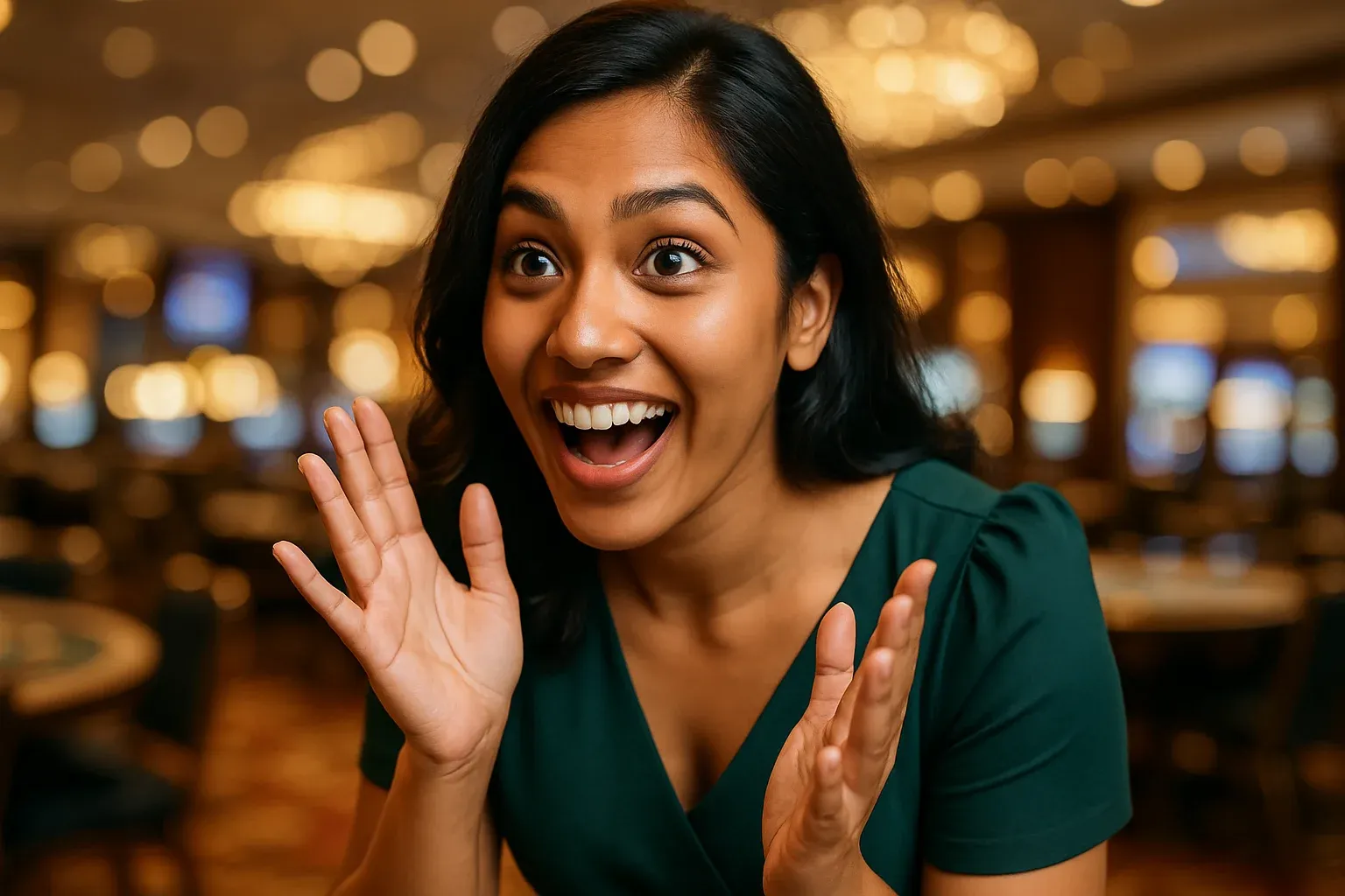 Excited Bangladeshi woman portrait with gold bokeh casino background