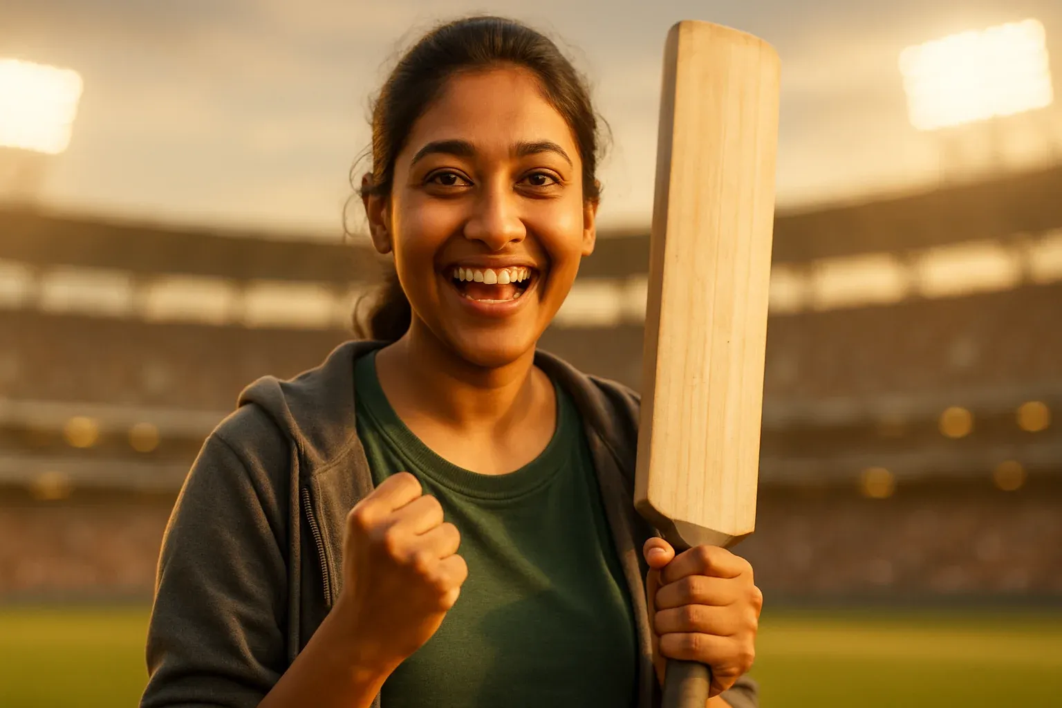 Excited Bangladeshi woman holding cricket bat in blurred stadium background