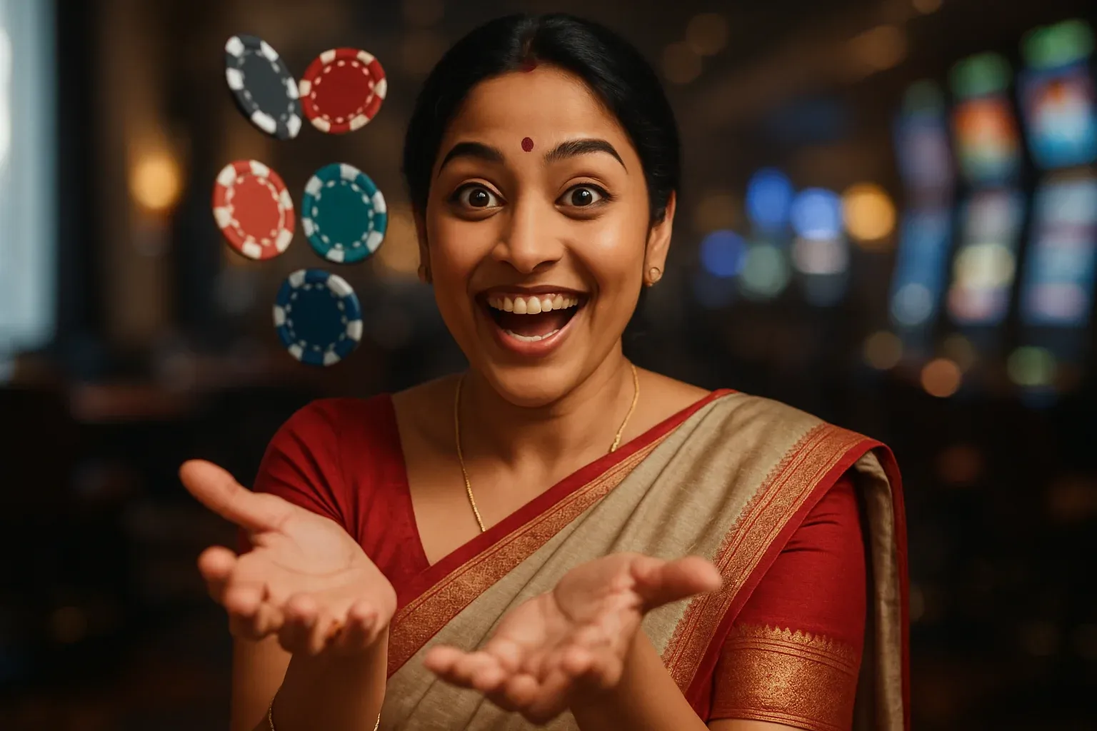 Excited Bangladeshi woman in elegant saree catching falling casino chips