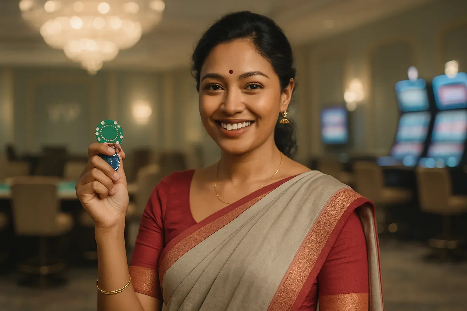 Confident Bangladeshi woman in saree holding casino chips in VIP casino