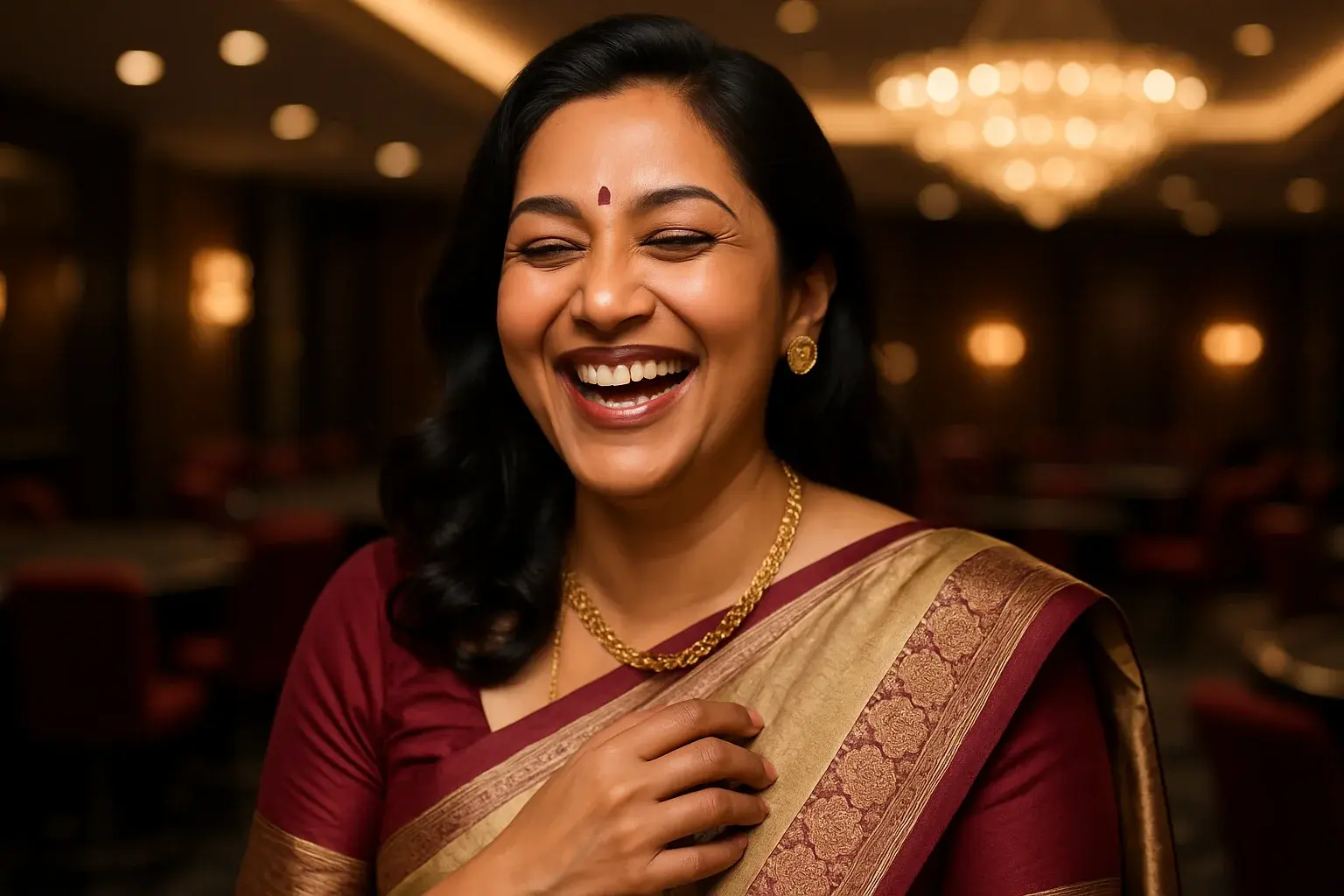 Sophisticated Bangladeshi woman in elegant saree laughing in VIP casino lounge
