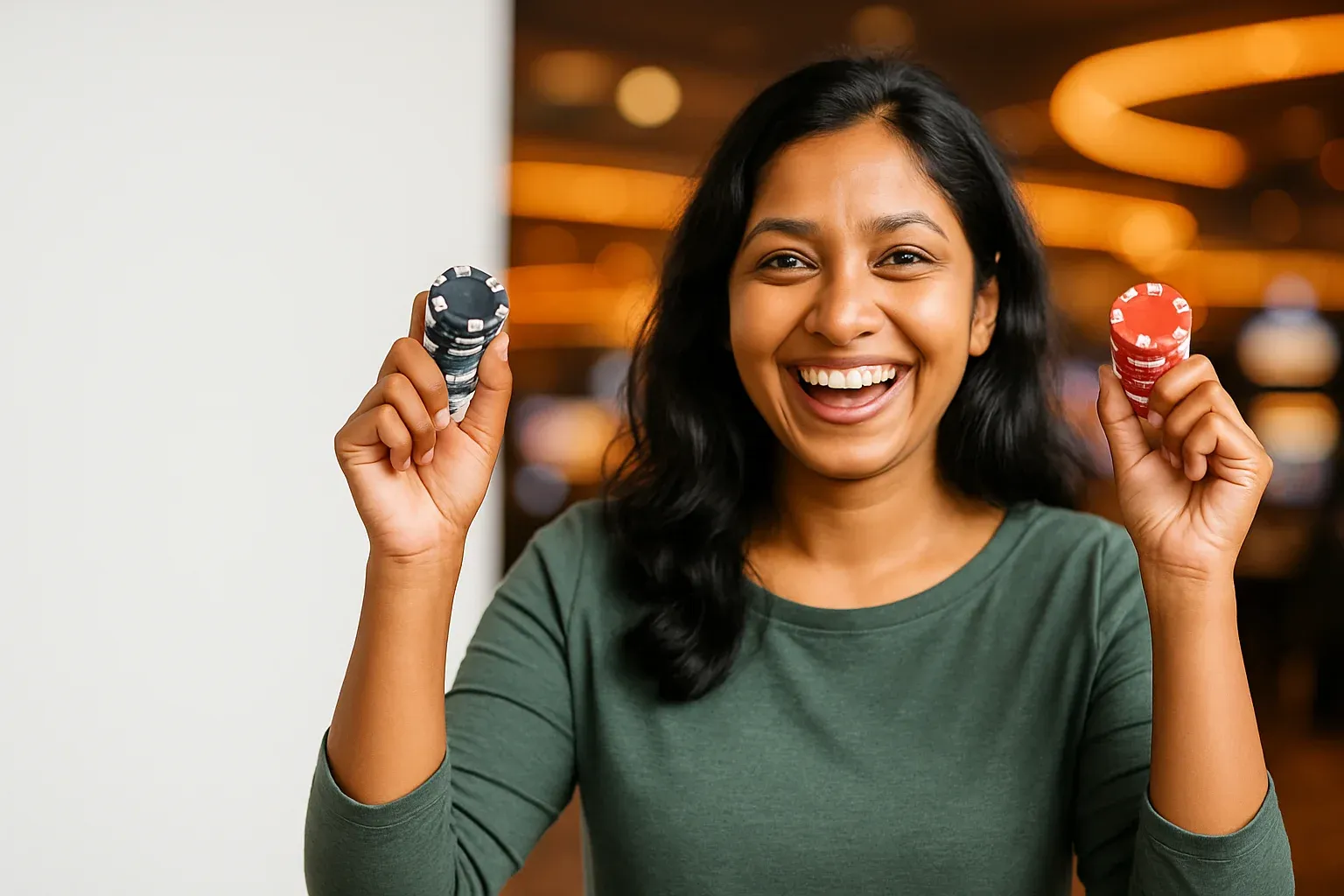 Joyful Bangladeshi woman holding casino chips, blurred neon casino background